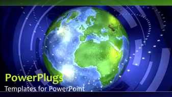 PowerPoint Template - Global video template of Earth rotating with floating geometric shapes circling it.